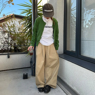 Double-pleated cotton wide-leg pants