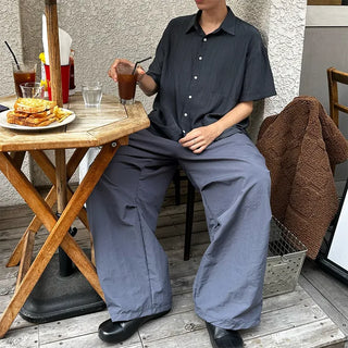 Linen-like shirred short-sleeved shirt