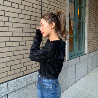 Angora Texture Color Zipper Cardigan