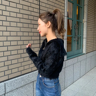 Angora Texture Color Zipper Cardigan