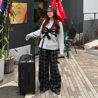 (Unisex) Fleece-lined checkered wide-leg pants