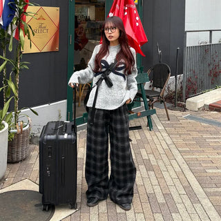 (Unisex) Fleece-lined checkered wide-leg pants