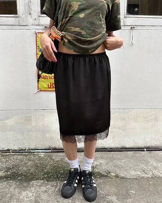 Fringe Lace Hem Easy Satin Skirt
