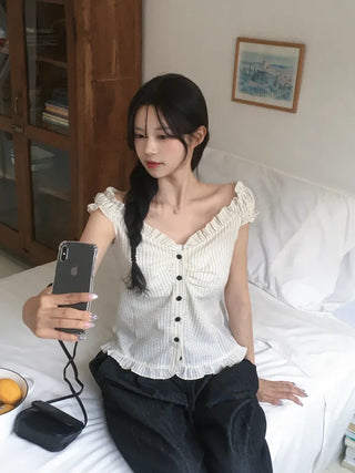 [2-way] Frill Stripe Border Blouse