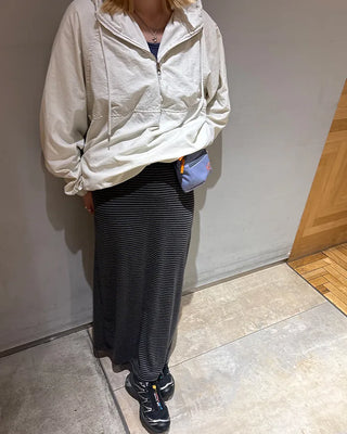 Wide-waist slim striped maxi skirt