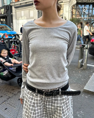 Jewel neck rayon long T-shirt