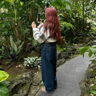 Wide-leg denim pants with elastic waistband