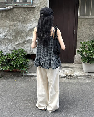Checked Shirring Sleeveless Dress