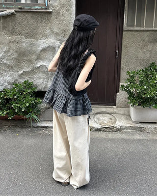 Checked Shirring Sleeveless Dress