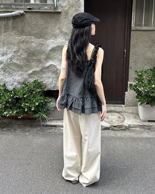 Checked Shirring Sleeveless Dress
