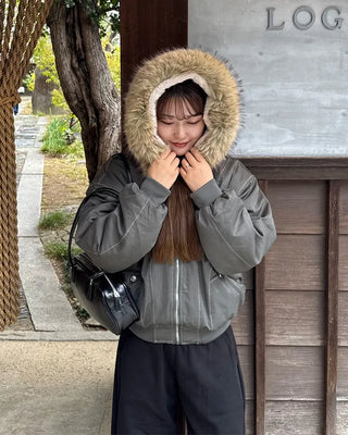 (Unisex) Hooded Fur Down Jacket