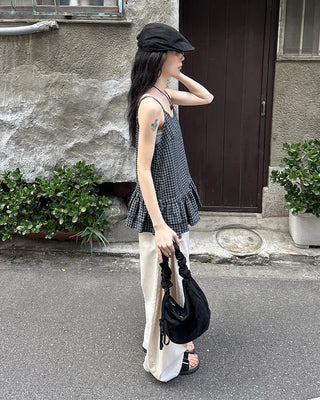 Checked Shirring Sleeveless Dress
