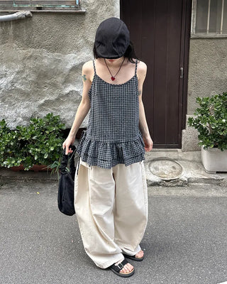 Checked Shirring Sleeveless Dress