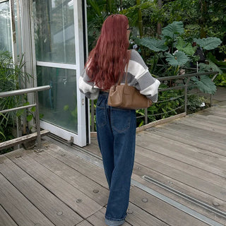 Wide-leg denim pants with elastic waistband