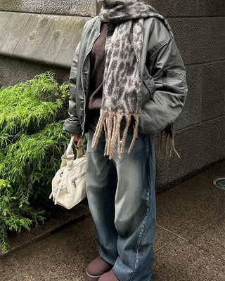 Leopard fringe knit scarf