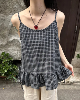 Checked Shirring Sleeveless Dress
