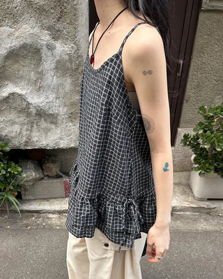Checked Shirring Sleeveless Dress
