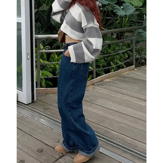 Wide-leg denim pants with elastic waistband
