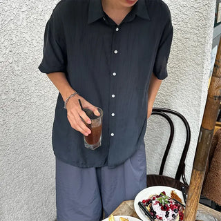 Linen-like shirred short-sleeved shirt