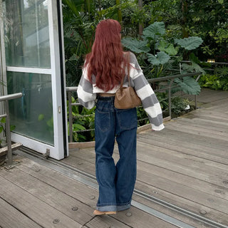 Wide-leg denim pants with elastic waistband
