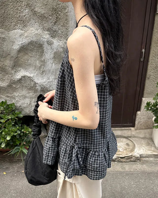 Checked Shirring Sleeveless Dress