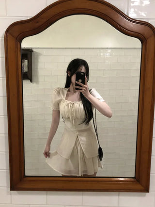 [2pcs] Ribbon Chiffon Blouse and Skirt Set