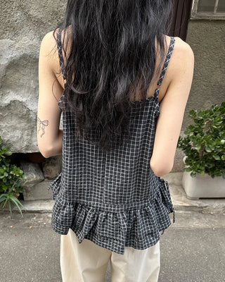 Checked Shirring Sleeveless Dress