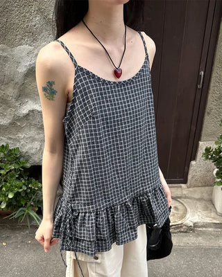Checked Shirring Sleeveless Dress