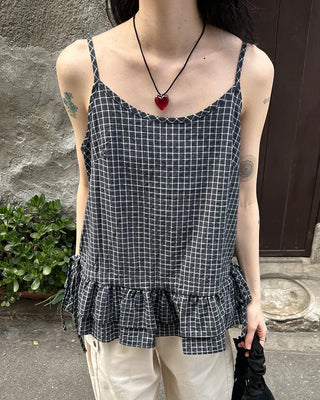 Checked Shirring Sleeveless Dress
