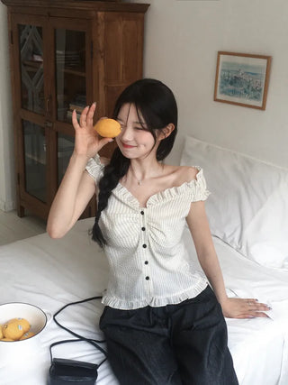 [2-way] Frill Stripe Border Blouse