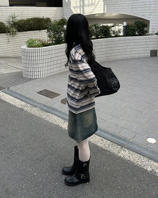 Washed denim midi skirt