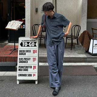 Linen-like shirred short-sleeved shirt