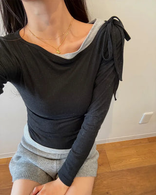 Boat neck layered long-sleeve T-shirt