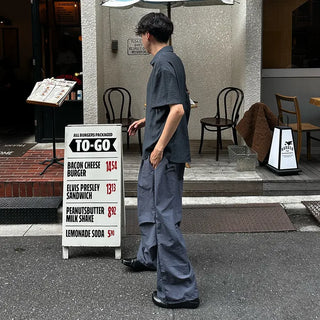 Linen-like shirred short-sleeved shirt
