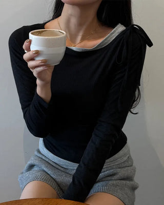 Boat neck layered long-sleeve T-shirt