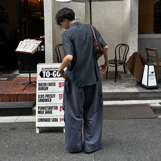 Linen-like shirred short-sleeved shirt