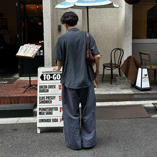 Linen-like shirred short-sleeved shirt