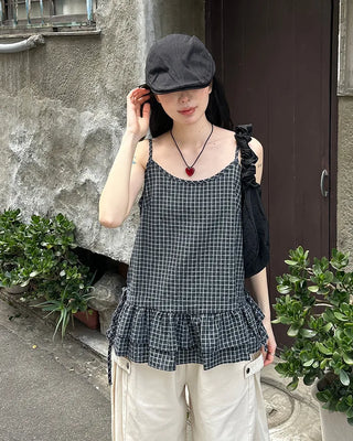 Checked Shirring Sleeveless Dress