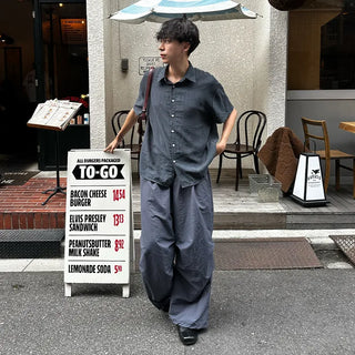 Linen-like shirred short-sleeved shirt
