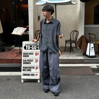 Linen-like shirred short-sleeved shirt