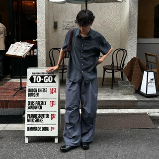 Linen-like shirred short-sleeved shirt