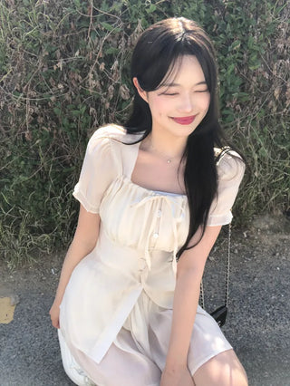 [2pcs] Ribbon Chiffon Blouse and Skirt Set