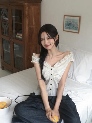[2-way] Frill Stripe Border Blouse