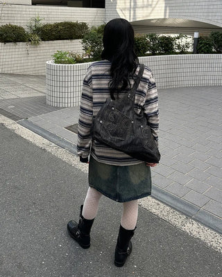 Washed denim midi skirt