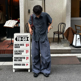 Linen-like shirred short-sleeved shirt