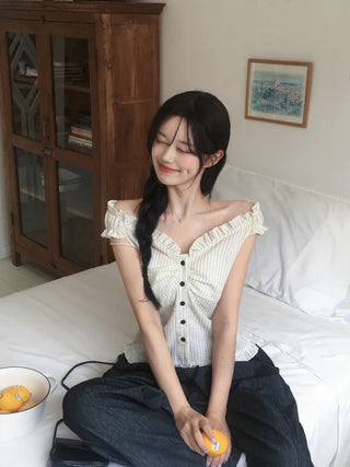 [2-way] Frill Stripe Border Blouse
