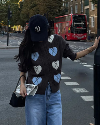 Heart Argyle Round Neck Cardigan