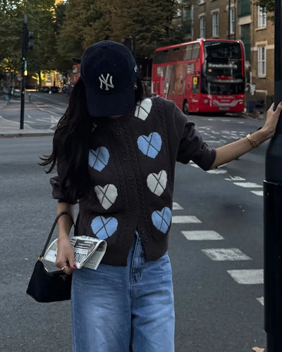 Heart Argyle Round Neck Cardigan
