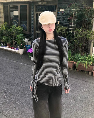 Striped Slim Shirred Long-Sleeve T-Shirt