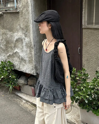 Checked Shirring Sleeveless Dress